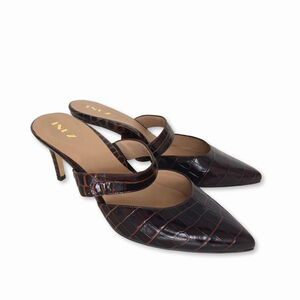 INEZ Mora Mules Brown Cocoa Croc Embossed Pointed Toe Heels Size 10.5